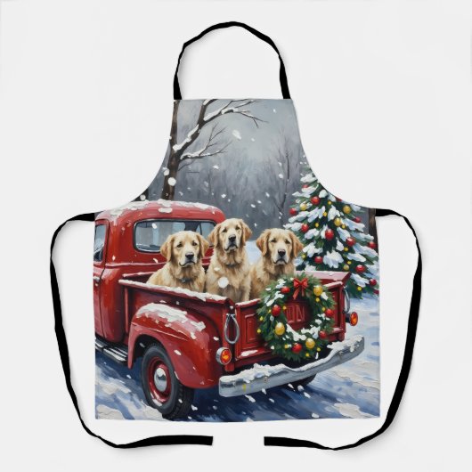 Old English Sheepdog Christmas Red Truck Holiday エプロン (正面)