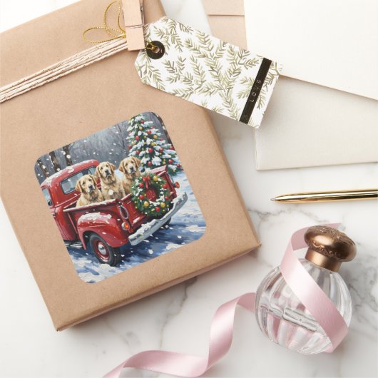 Old English Sheepdog Christmas Red Truck Holiday スクエアシール (ギフト)