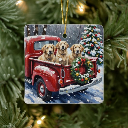 Old English Sheepdog Christmas Red Truck Holiday セラミックオーナメント (ツリー)