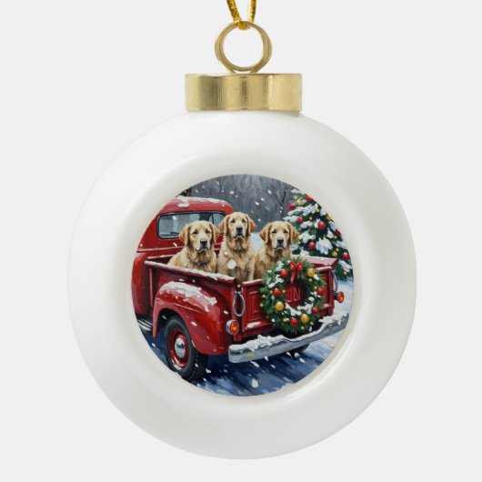 Old English Sheepdog Christmas Red Truck Holiday セラミックボールオーナメント (正面)