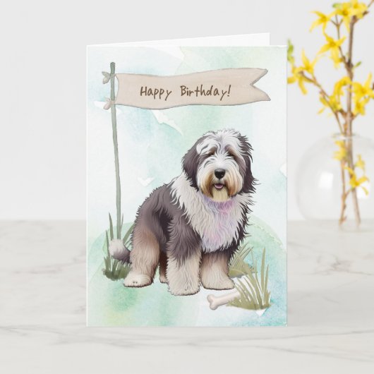 Old English Sheepdog Dog Breed Under Birthday Sign カード (黄色い花)