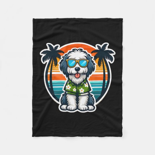 Old English Sheepdog Dog Owner Summer Vibes Vacati フリースブランケット (正面)