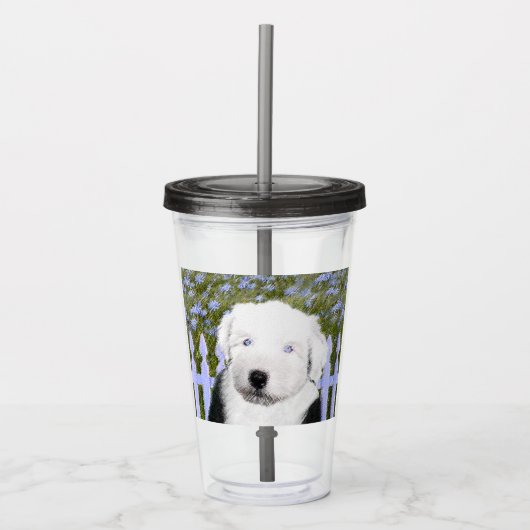 Old English Sheepdog Puppy's 絵画 - Dog Art アクリルタンブラー (正面)