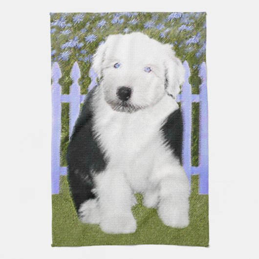 Old English Sheepdog Puppy's 絵画 - Dog Art キッチンタオル (縦)