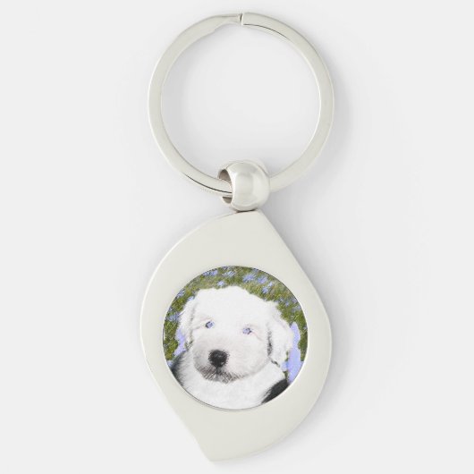 Old English Sheepdog Puppy's 絵画 - Dog Art キーホルダー (正面)