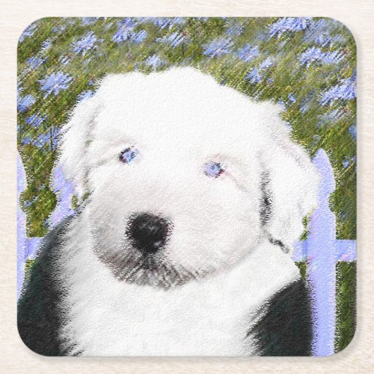 Old English Sheepdog Puppy's 絵画 - Dog Art スクエアペーパーコースター (正面)