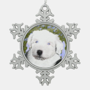 Old English Sheepdog Puppy's 絵画 - Dog Art スノーフレークピューターオーナメント