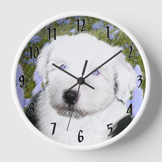 Old English Sheepdog Puppy's 絵画 - Dog Art 壁時計 (正面)