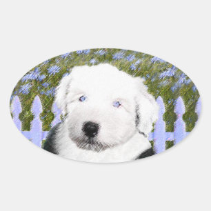 Old English Sheepdog Puppy's 絵画 - Dog Art 楕円形シール