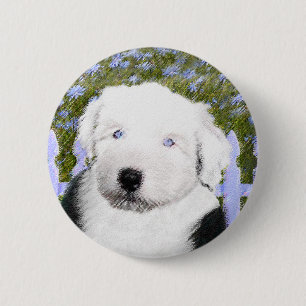 Old English Sheepdog Puppy's 絵画 - Dog Art 缶バッジ