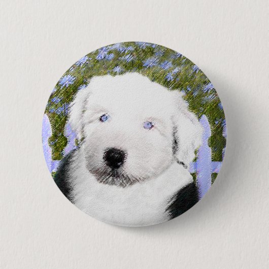 Old English Sheepdog Puppy's 絵画 - Dog Art 缶バッジ (正面)