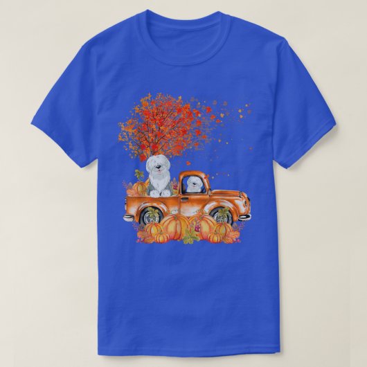 Old English Sheepdog Riding Truck Pumpkin Autumn L Tシャツ (デザイン正面)