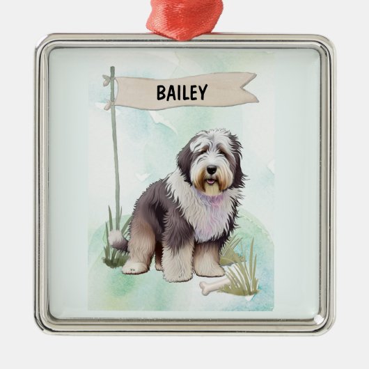 Old English Sheepdog Watercolor Personalized Dog メタルオーナメント (正面)