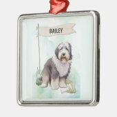 Old English Sheepdog Watercolor Personalized Dog メタルオーナメント (左)