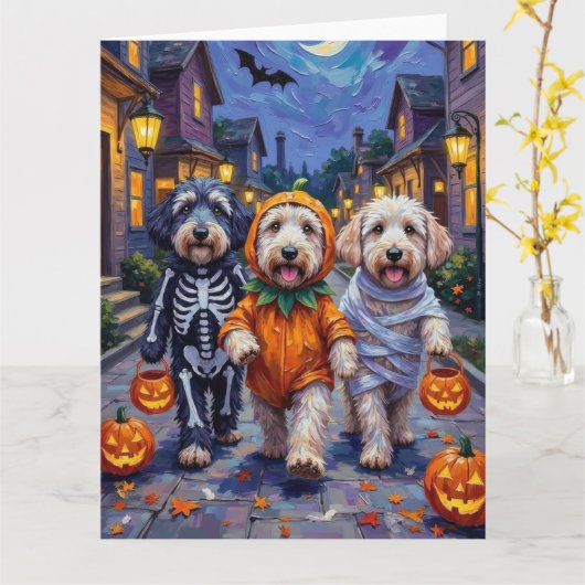 Old English Sheepdogs Trick-or-Treating Halloween カード (黄色い花)