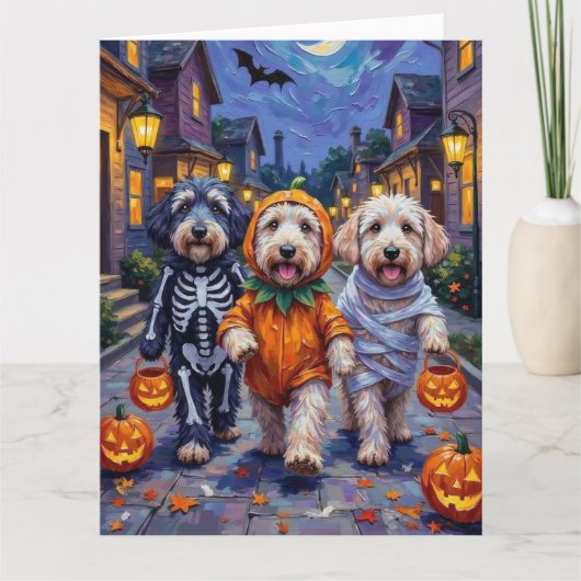 Old English Sheepdogs Trick-or-Treating Halloween  カード (正面)