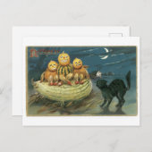 Old-fashioned Halloween, Pumpkins & Black cat ポストカード (正面/裏面)