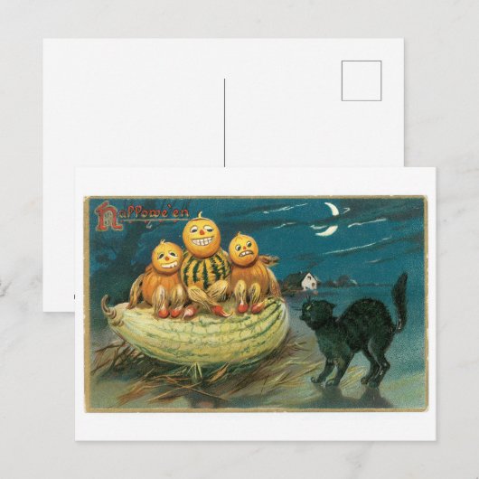 Old-fashioned Halloween, Pumpkins & Black cat ポストカード (正面/裏面)