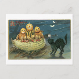 Old-fashioned Halloween, Pumpkins & Black cat ポストカード