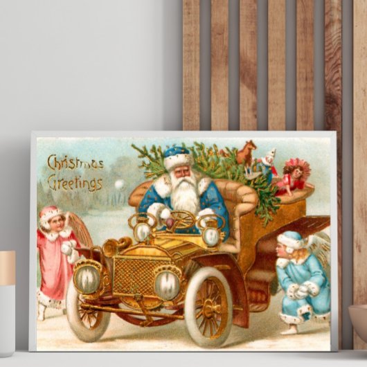 Old-Fashioned Santa Sleigh & Angels Holiday Poster ポスター