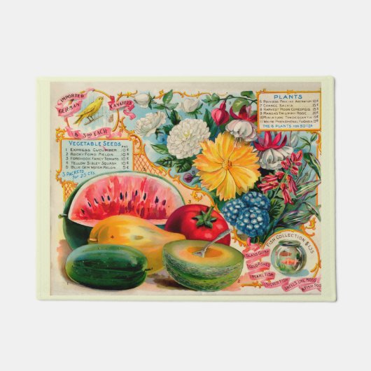 Old fashioned vegetable fruit flower seed advertis ドアマット (正面)