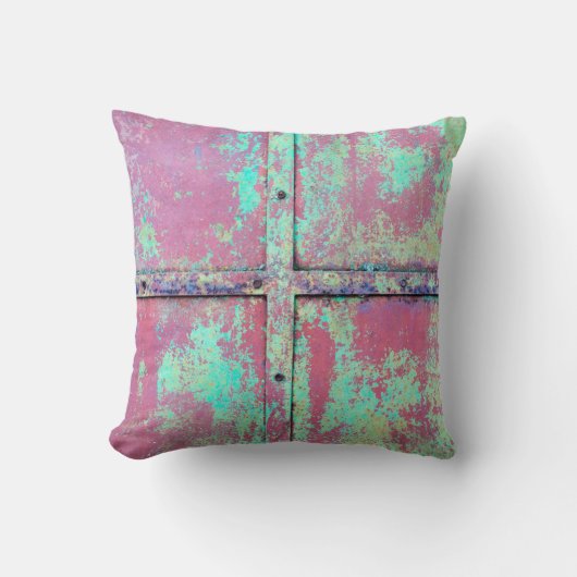 Old green painted wall with rust texture. Grunge r クッション (正面)