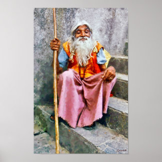 Old Indian Man With Staff ポスター
