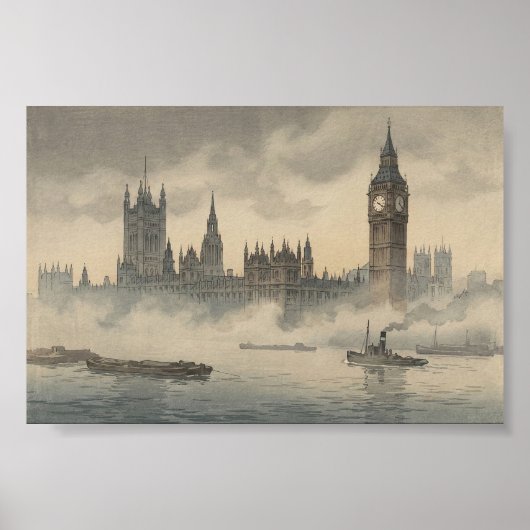 Old London in the Mist Japanese Woodblock Print ポスター (正面)