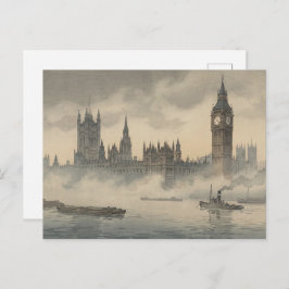 Old London in the Mist Japanese Woodblock Print ポストカード