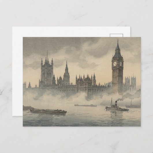 Old London in the Mist Japanese Woodblock Print ポストカード (正面/裏面)