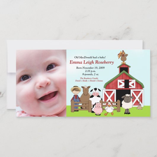 Old MacDonald Farm 8x4 Photo Birth Announcement 案内状 (正面)