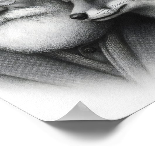 Old Man with Fox Classic Black & White Pencil Art ポスター (角)