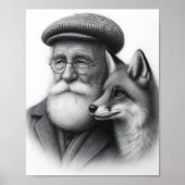 Old Man with Fox Classic Black & White Pencil Art ポスター (正面)