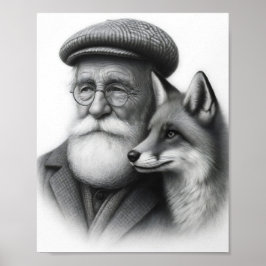 Old Man with Fox Classic Black & White Pencil Art ポスター