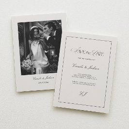 Old Money Black and Ivory Wedding Save the Date 招待状