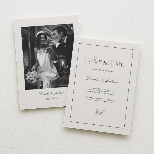 Old Money Black and Ivory Wedding Save the Date 招待状