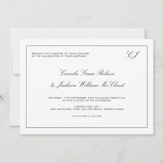 Old Money Black and White Wedding 招待状 (正面)