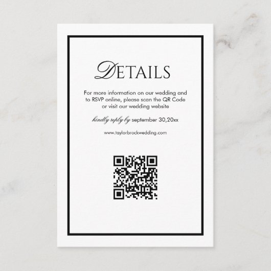 Old Money Black and White Wedding Details Qr Code エンクロージャーカード (正面)