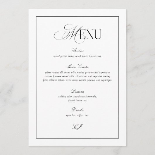 Old Money Black and White Wedding Menu Card 招待状 (正面)