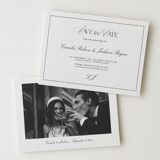 Old Money Black and White Wedding Save the Date 招待状