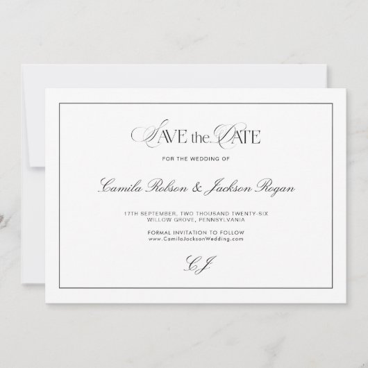 Old Money Black and White Wedding Save the Date 招待状 (正面)