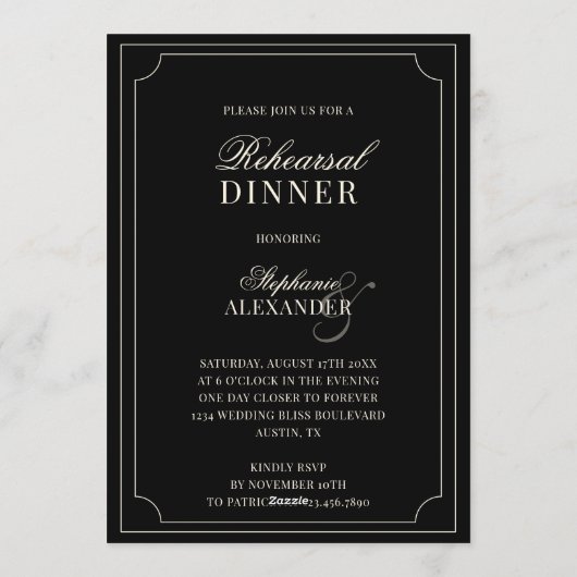 Old Money Black Ivory Checkered Rehearsal Dinner  招待状 (裏面)