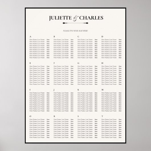 Old Money Black & White Alphabetical Seating Chart ポスター (正面)