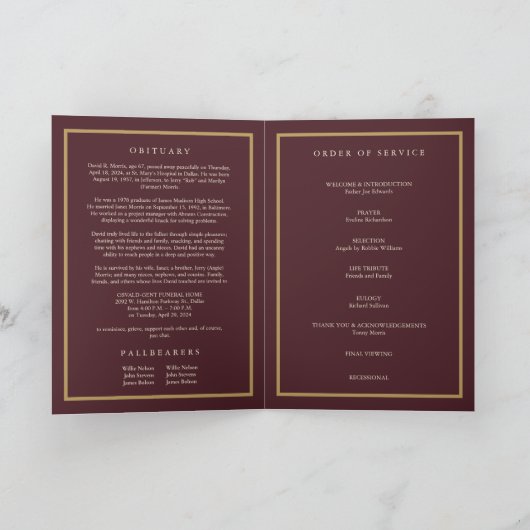 Old Money Burgundy Photo Memorial Funeral Program カード (内部)