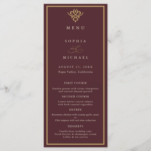 Old Money Burgundy Wedding Flat Menu メニュー (正面)