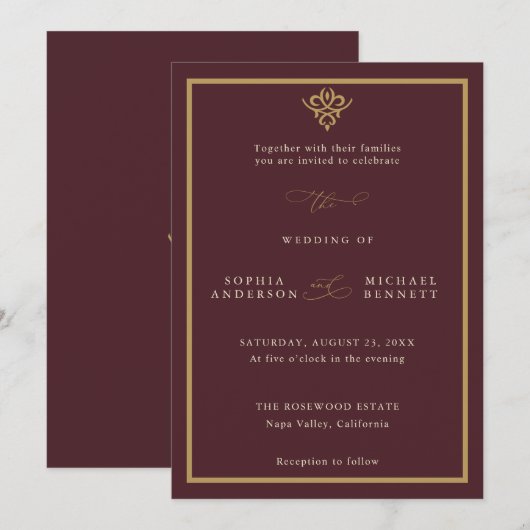 Old Money Burgundy Wedding Invitation 招待状 (正面/裏面)