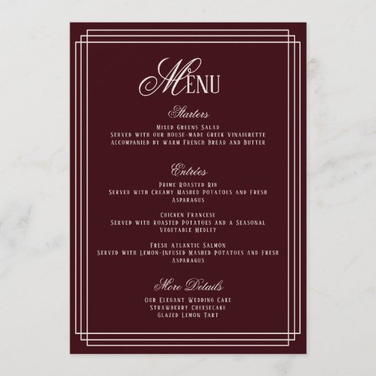 Old Money Burgundy Wedding Menu  Card 招待状 (正面)