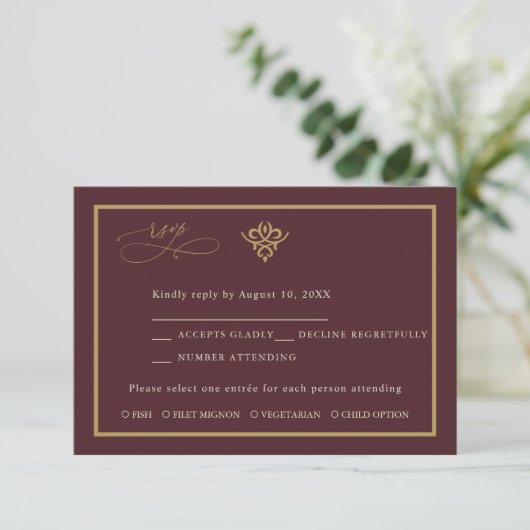 Old Money Burgundy Wedding Response Card 出欠カード (スタンド正面)