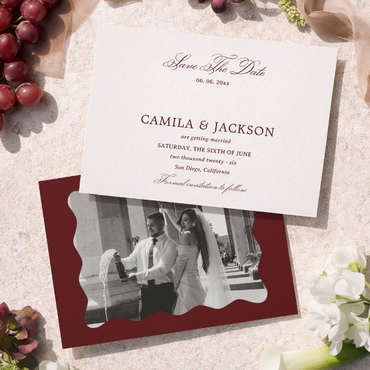 Old Money Burgundy Wedding Save the Date Photo 招待状