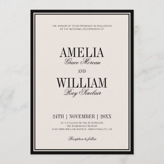 Old Money Classic Luxury Black Cream Wedding 招待状 (正面)